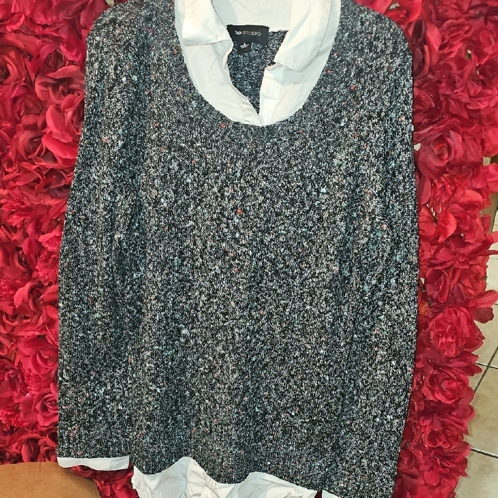AB Studio Women's Textured Knit Sweater Wirh Faux Collared Shirt Underneath Sz L